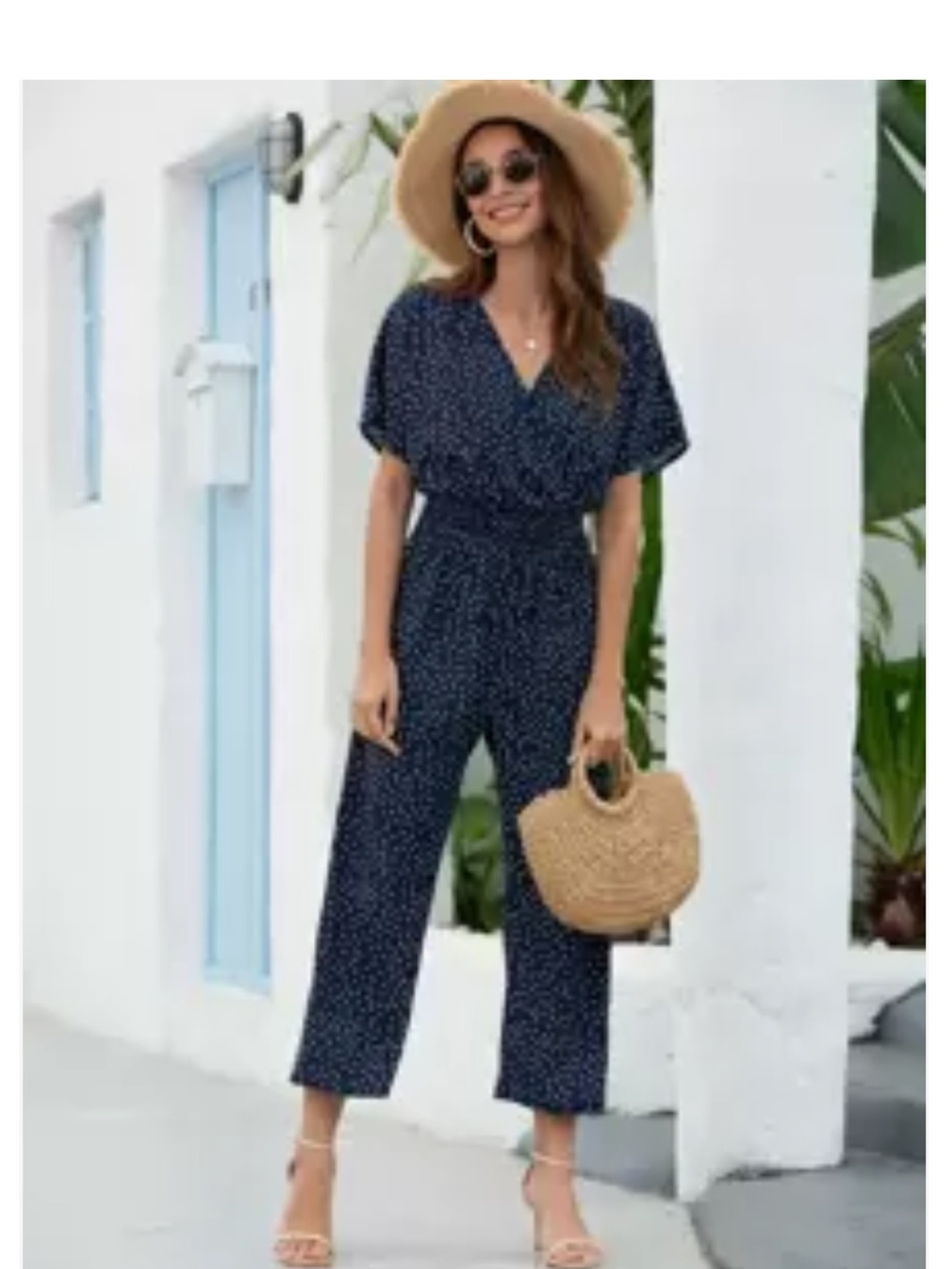 SHEIN Navy Blue Polka Dot Short Sleeve Jumpsuit